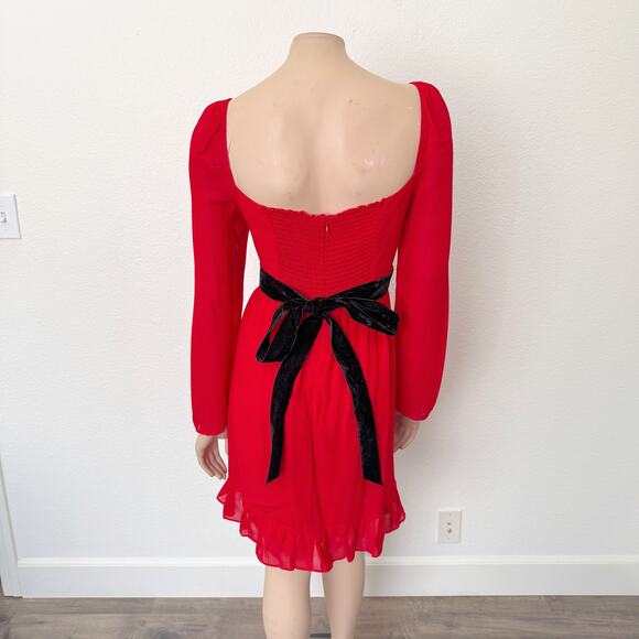 [Reformation] Red Square Neck Long Sleeve Silves Mini Dress NWT Velvet Belt 12 - Picture 2 of 11